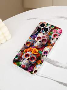 Funda de teléfono con diseño de calaveras coloridas y flores, estampado con cráneos decorados al estilo mexicano tradicional, inspirado en el Día de Muertos ideal para celebraciones y uso personal, diseño artístico y cultural, funda transparente, resistente a golpes, alta transparencia, compatible con iPhone17/16/15/14/13/12/11/Plus/Pro/ProMax, compatible con Galaxy A34/A35/A54/A55, Galaxy S20/S21/S22/S23/S24/S25 Ultra/Plus, compatible con Moto/Galaxy/Redmi/Honor/OPPO - transparente - Ver 8