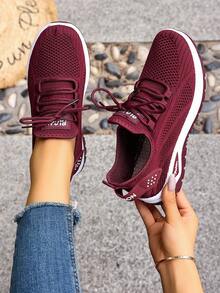 Women's Casual Athletic Shoes, Knitted Fashion Upper, Solid Color Casual Shoes, Simple And Versatile, Suitable For Sports, Fitness, Hiking, And Can Be Worn In 4 Seasons. Running Shoes, Everyday Walking Shoes, Minimalist Style, Multi-Functional Footwear, Refreshing And Fashionable Fabric, Flexible Sole, Low-Top Shoes, Casual Athletic Shoes, Outdoor , Fashionable Women. - Red - View 3