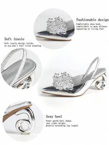 Women's High Heels. Pointed Toe Glossy Handmade Beaded Elastic Strap, Asymmetric Heel, Comfortable. Luxurious, Sparkling Rhinestones, Suitable For Parties, Gatherings, Balls, Shopping, Various Occasions And Holidays, Basic Silver High Heel Shoes - Silver - View 9