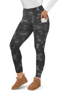 CAMPSNAIL Fleece Lined Leggings Women - Thick Soft High Waisted Black Tummy Control Thermal Warm Velvet Pants Cold Winter - 口袋,紮染黑色 - 查看 8