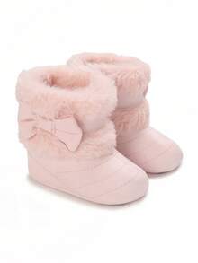 Fashionable Newborn Infant Girls Solid Color Bow Soft Sole Snow Boots, Comfortable Toddler Winter Shoes