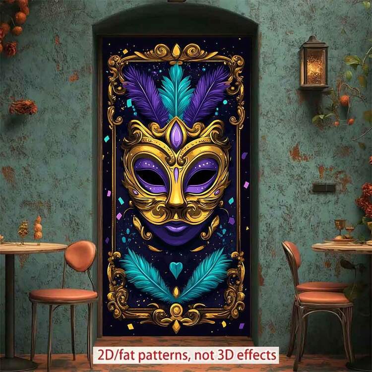 2D平面门帘，1件装，精美威尼斯风格面具，饰以金色装饰、紫色和蓝绿色羽毛，是嘉年华派对背景、房间和家居装饰、节日墙面艺术的完美之选 | 色彩鲜艳的设计 | 耐用的派对横幅，派对装饰品 - 彩色 - 查看 6