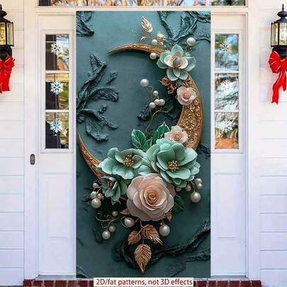 2D Polyester Ramadan Door Banner 1pc Exquisite Crescent - Shaped Ornament With Floral And Pearl Embellishments Eid Al-Fitr Photo Props And Supplies, Suitable For Muslim Ramadan And Eid Al-Adha Celebrations, Islamic-Themed Holiday Decorations