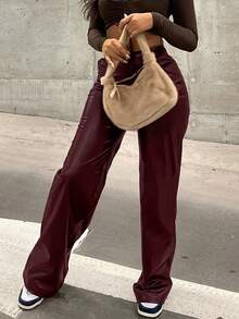 Women Spring American Stylish Glossy Coated Straight Leg High Waist Fashion Casual Faux Leather Wide Leg Pants - Burgundy - View 6