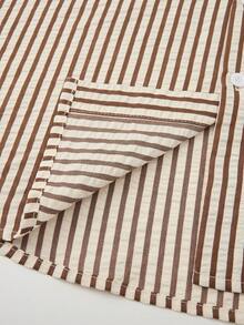 Plus Size Men's Fashion Striped Pleated Textured Fabric Collared Long Sleeve Shirt, Retro Minimalist Style Suitable For Casual Outings And Commuting - Brown - View 8