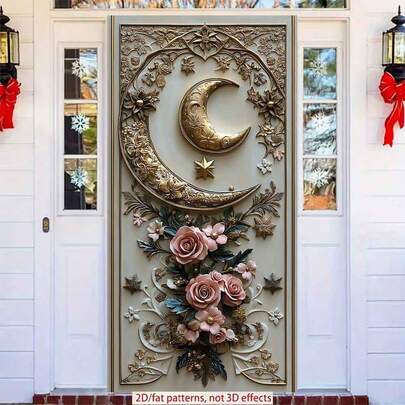 2D涤纶斋月门帘，1件装，精美墙饰，饰有金色新月、星星和娇嫩的粉色玫瑰，开斋节拍照道具及用品，适用于穆斯林斋月和宰牲节庆祝活动，伊斯兰主题节日装饰