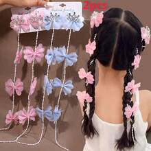 2pcs New Mesh Bow Long Chain Tassel Children's Braided Hair Clips, Cute Sparkling Rhinestone Crown Bow Pair Clips For Girls, Pink Side Clips, Duckbill Clips, Suitable For Daily And Festival Wear, Birthday Party Wear, Children's Birthday Gift - 2件 藍色 - 查看 4