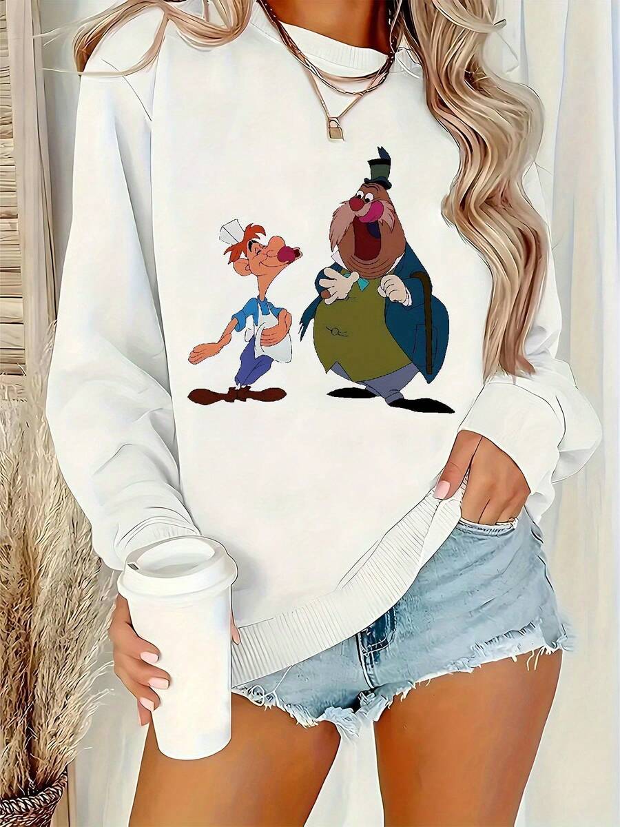 Nightmare Before Christmas Women's Sweatshirt - Official Sally & Jack Skellington Graphic Pullover, Soft Crewneck Sweater For Fall/Winter, Casual Tim Inspired Apparel, Machine Washable, Comfortable Round Neck Design For Working, Shopping & Home Wear, Playful Cartoon Print With Iconic Characters - 白色 - 查看 1
