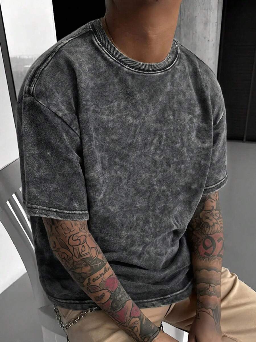 Men's Washed Black Short Sleeve T-Shirt, Vintage Dark Tone Minimalist Dystopian Style, Suitable For Casual Wear, School And Daily Life - Black - View 1