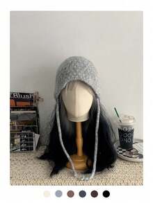 1 件纯色秋冬新款针织帽，女士系带小脸保暖针织混纺无檐帽，简约时尚可爱耳暖百搭渔夫帽