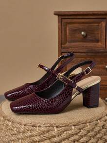 WHDXY 7cm Chunky Heel Square Toe Backless Adjustable Buckle Strap Vintage French Style High Heels, Suitable For Social Gatherings, Wine Red - Burgundy - View 2