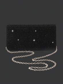 闪耀优雅的女士水钻晚宴包/手拿包，精致褶皱派对包/单肩包/钱包，搭配闪亮水钻三件套：高端水钻吊坠项链、耳环、手链，以及闪亮亮片晚礼服，适合参加派对、舞会、聚会、晚宴等场合。 - 黑色 - 查看 9