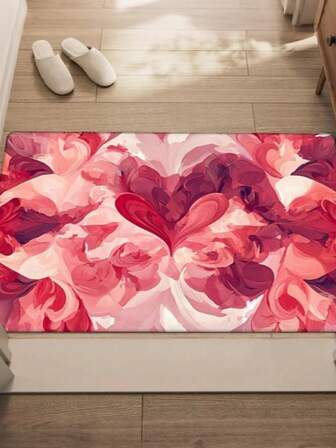 1件情人节粉色爱心门垫，适用于玄关、客厅、卧室、浴室、走廊、洗衣房、厨房、阳台等室内场所，可用作入口地毯。现代涤纶长方形防滑吸水地垫 - 室内家居装饰，易于清洁，柔软法兰绒浴室垫，浴室地毯。