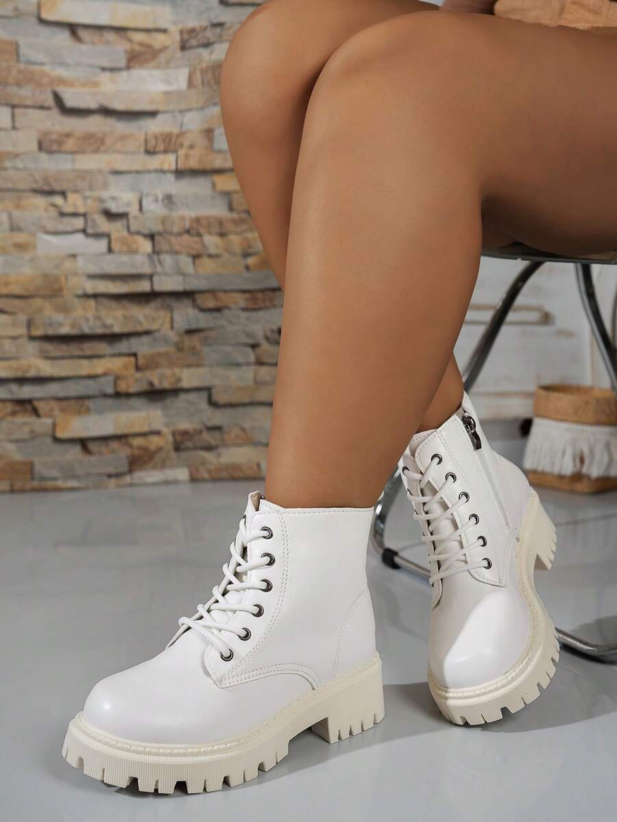 Damen Große Größen Schwarze Weitschaftstiefel mit Schnürung, Stiefel mit dicker Sohle und rutschfester Sohle mit Seitlichem Reißverschluss - Weiss - Übersicht 1