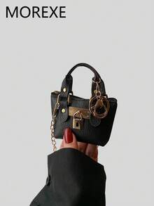 Women's Fashion Mini Handbag, New Stylish Lightweight Mini Tote Bag, Metal Chain Shoulder Crossbody Bag - Black - View 7