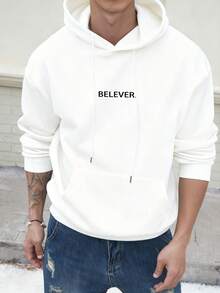 男士休闲套头连帽卫衣，Believe印花，适合运动、通勤、日常穿着，保暖内衬 - 白色 - 查看 3