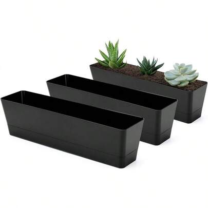 GREANER Window Boxes Planters 3PCS 16x3.8 Inch Black Rectangle Planters Box With Drainage Holes And Trays Herb Succulents Flowers Plastic Pot For Windowsill Garden Balcony Indoor Outdoor Decor