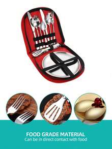 12件套不锈钢便携式餐具套装，学生餐具套装，包括叉子、勺子、茶匙、食物夹、盘子，配红/黑/蓝三色半圆形收纳袋，非常适合户外活动、野餐、烧烤。