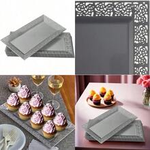 SILVER SPOONS - Bandejas de plástico de encaje elegantes 6 unidades bandejas de plástico desechables y platos para fiestas 14 x 7.5 pulgadas sirve aperitivos postres dulces perfectas para - plateado - Ver 1