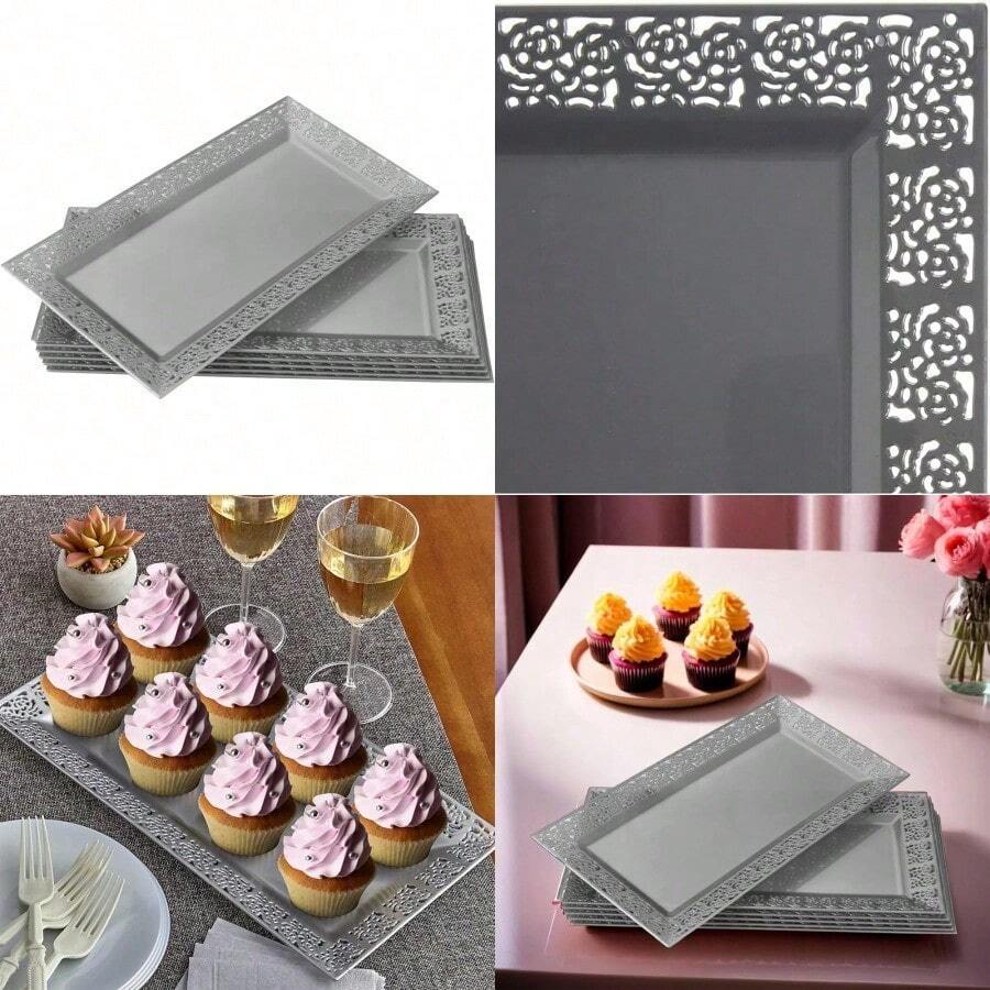 SILVER SPOONS - Bandejas de plástico de encaje elegantes 6 unidades bandejas de plástico desechables y platos para fiestas 14 x 7.5 pulgadas sirve aperitivos postres dulces perfectas para - plateado - Ver 1