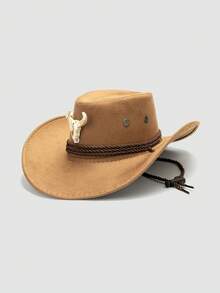 1pc Unisex Animal Bull Head Decor Hat, Wide Brim Western Style Cowboy Hat, Punk Rock Fashion, Adjustable Wind Rope Design, Suitable For Daily Wear, Concerts, Outdoor - A - View 22