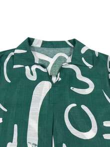 Chemise à imprimé abstrait col châle, manches 3/4, boutonnage devant, blouse tissée pour femmes en vacances au printemps, grande taille - Vert - Voir 4