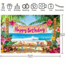 1件装热带夏威夷海滩生日派对背景布 - 以生机勃勃的棕榈树、色彩缤纷的花朵、海景和“生日快乐”横幅为特色。非常适合夏季庆祝活动、拍照道具和派对装饰，可用作派对背景、热带主题派对装饰和生日派对装饰。 - 彩色 - 查看 8