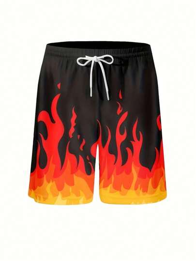Men's Fashionable 3D Printed Beach Shorts, Men's Casual Drawstring Beach Shorts, Bright Red Flame 3D Printed Polyester Fiber, Machine Washable, Very Suitable For Summer Leisure