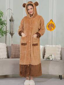 Autumn And Winter Plush Plush Thickened Nightgown For Women Mid-Length Nightgown Cute Cartoon Image Black And White Panda Brown Capybara Warm And Comfortable Pajamas Thickened Home Clothes - 棕色 - 查看 11