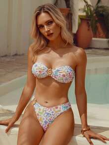 wohenmeili Bộ bikini quây in nơ dành cho nữ, thích hợp cho kỳ nghỉ biển. - Nền trắng - Xem 3