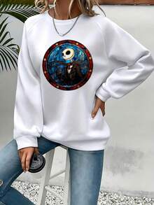 Nightmare Before Christmas Women's Tim -Inspired Nightmare Before Christmas Sweatshirt -  & Sally Graphic Crewneck Pullover, Soft Casual Fall Winter Sweater For Halloween & Casual Attire - 白色 - 查看 1
