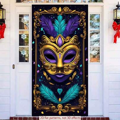 Banner de porta plano 2D, 1 peça, requintado estilo veneziano com máscara, ornamentos dourados e penas roxas e verde-azuladas. Perfeito para cenários de festa de carnaval, decoração de quartos e casas, arte de parede festiva | Designs vibrantes | Banners de festa duráveis, decorações para festas