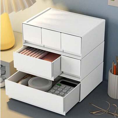 1 hộp đựng đồ dùng văn phòng phẩm & mỹ phẩm để bàn, ngăn kéo nhựa màu trắng, hộp đựng đồ trang điểm xếp chồng dạng mô-đun, hộp đựng đồ dùng văn phòng phẩm