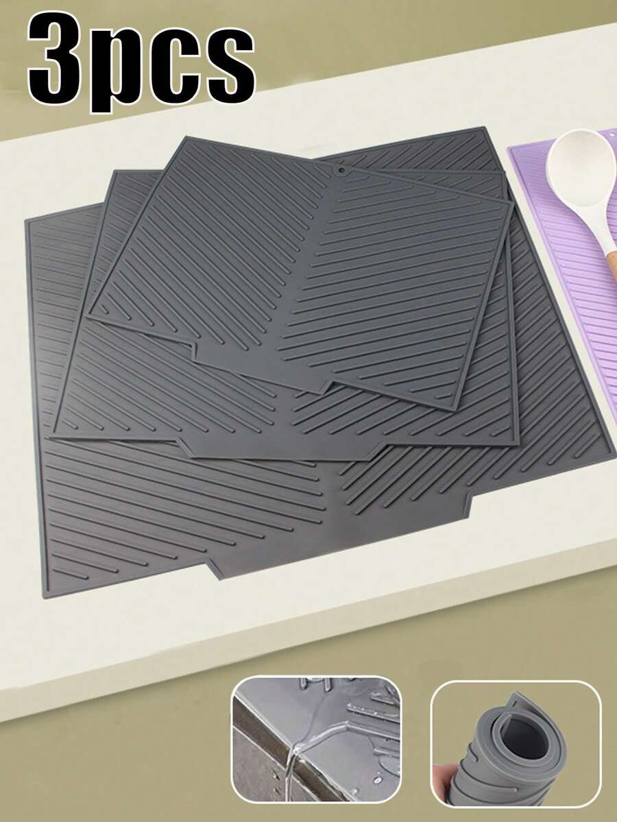 3件装多功能厨房沥水垫 - 防滑、速干、耐热橡胶垫,适用于餐具、器皿和杯子 - 黑色,控水设计,适用于台面和吧台,厨房沥水垫|橡胶沥水垫|100%橡胶覆盖 - 灰色 - 查看 1