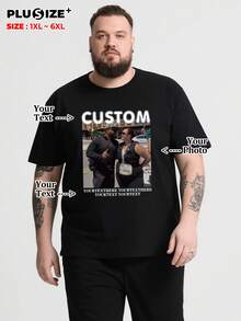 Customized Plus Size Personalized Commemorative Gift And Men's Casual Black T-Shirt, Add Your Own Photos (Family, Selfie, Pet, Friends, Lover, Girlfriend, Gift, Couple Logo) And Text, Design Your Father's Day And Mother's Day Personalized Printed T-Shirt