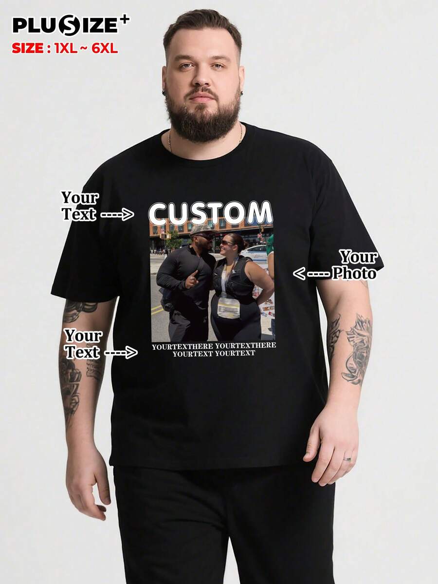 Customized Plus Size Personalized Commemorative Gift And Men's Casual Black T-Shirt, Add Your Own Photos (Family, Selfie, Pet, Friends, Lover, Girlfriend, Gift, Couple Logo) And Text, Design Your Father's Day And Mother's Day Personalized Printed T-Shirt