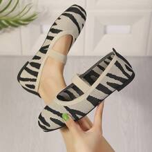 Giày lười đế bằng kẻ sọc cỡ lớn dành cho nữ, mũi vuông, giày lười đan thoáng khí thoải mái - Màu be đen - Xem 11