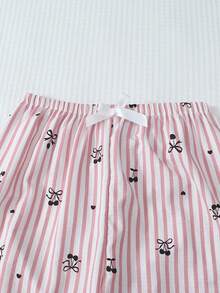 2pcs/Set Autumn/Winter Striped Bow & Cherry Print Pajama Set, Long Sleeve Lapel Top And Bow Tie Long Pants, Women Sleepwear Homewear