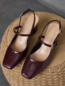 WHDXY 7cm Chunky Heel Square Toe Backless Adjustable Buckle Strap Vintage French Style High Heels, Suitable For Social Gatherings, Wine Red - Burgundy - View 3