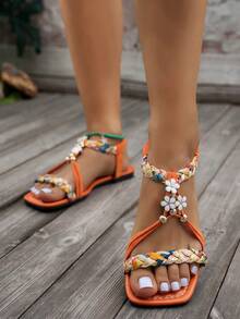 Breathable Braided Flat Sandals For Women - Comfortable Wide Width Walking Shoes With Arch Support, Non-Slip Vacation Sandals,Women's Non-Slip Comfort Sandals With Elastic Ankle - Soft Sole Supportive Shoes For Walking, Beach Wedding Guest Shoes,Wide Toe Box Flat Sandals For Women - Breathable Everyday Slides With Flower Decor, Machine Washable Summer Shoes,Women's Supportive Sandals For Plantar Fasciitis - Comfortable Orthopedic Sandals With Cushion, Lightweight Travel Sandals,Boho Elastic Strap Sandals For Women - Non-Slip Rubber Sole Beach Shoes, Cute Comfortable Sandals For Wide Feet - 橘色 - 查看 3