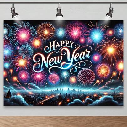 1 Piece Of New Year's Fireworks City Skyline Background - Polyester Fiber, City Celebration Photography Background, Perfect For New Year's Eve Party Decoration And Studio Photography.