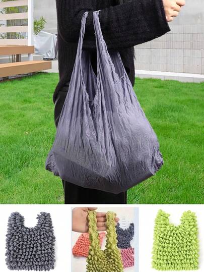 1pc Expandable Pleated Bubble Shopping Bag - Large Capacity Reusable Grocery Tote Bag With Handles, Multiple Colors Available, Suitable For Groceries, Beach And Travel Use, Also Can Be Used As Shopping Bag Or Travel Handbag