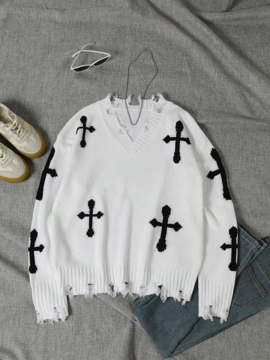 Promotion Men's Autumn/Winter Cross Pattern Distressed V-Neck Long Sleeve Sweater, Casual & Versatile - White - View 1