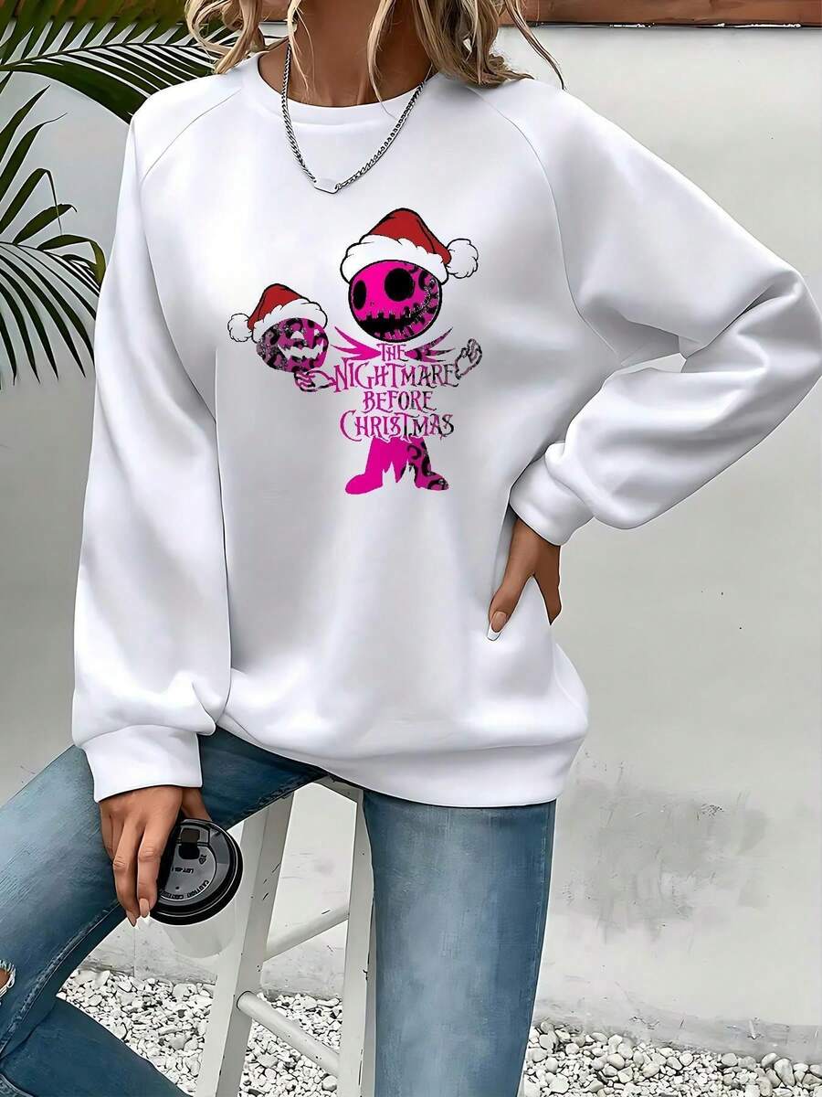 Women's Nightmare Before Christmas Sweatshirt - Jack Skellington & Sally Graphic Pullover, Long Sleeve Crewneck Casual Winter Sweater For Halloween & Christmas, Cozy Fall Outfit (Officially Licensed) - 白色 - 查看 1
