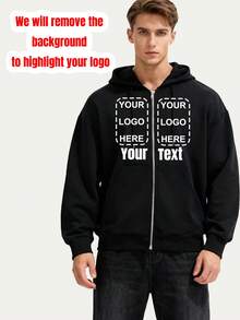 Customized Men's Zip-Up Hoodie Sweatshirt - Can Customize With Your Logo, Photo, Dance Crew Logo, Work Uniform Logo, Advertising Print, School Class Uniform Design, Black Zip-Up Sweatshirt, Christmas Tree, Family Photo, Halloween Pumpkin, Ghost, Goblins, Thanksgiving Turkey, Suitable For Autumn & Winter, Can Customize Text, Numbers, Names, Family, Pets, Friends, Kangaroo Pocket, Drawstring - Black - View 2