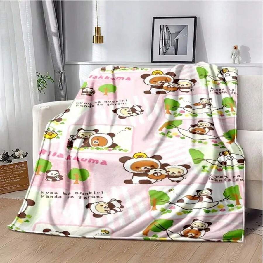 Cartoon Rilakkuma Anime Girls Throws Blanket For  Hiking Picnic Bed Super Soft Cute Kawaii Flannel Blanket Birthday Gift#Color_14,Size_100X130CM - 黑色 - 查看 1