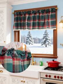 1件圣诞绿色格子遮光农舍风窗帘 - 冬季厨房咖啡厅窗帘，可机洗 - 綠紅白 - 查看 2