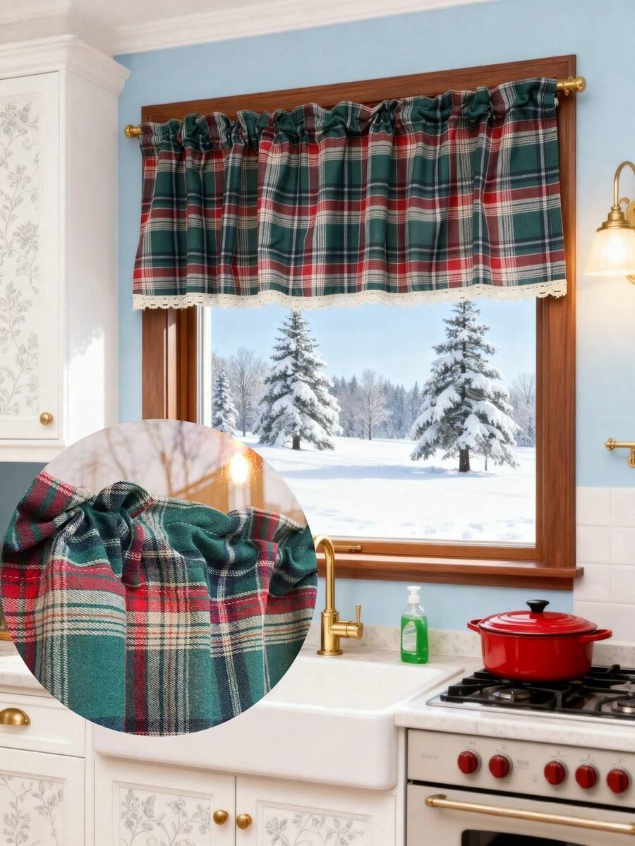 1件圣诞绿色格子遮光农舍风窗帘 - 冬季厨房咖啡厅窗帘，可机洗