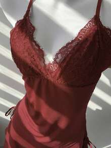 Women's Bow Decor Sexy Camisole Nightgown, Backless Lace Babydoll Dress With Adjustable Straps, Deep V Sexy Lingerie, Floral Lace Contrast Color Soft Knit Robe And Pajamas, Women's Solid Color Fitted Slit Nightgown, Suitable For Bedroom, Honeymoon, Anniversary, Bridal Gift, Pajama Party - 酒紅色 - 查看 7