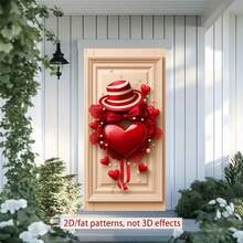 2D情人节门饰横幅，1件装。精美的心形花环，顶部饰有红色帽子，周围环绕着爱心、蕾丝和珍珠。适用于室内/室外派对装饰、周年纪念派对用品、情人节等场合。2D平面设计，涤纶材质，非多层或实物模型。 - 彩色 - 查看 8